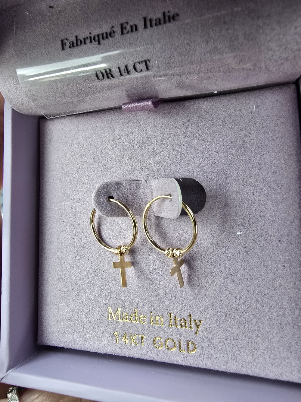 14K Gold Cross Hoop Earrings - Made in Italy
